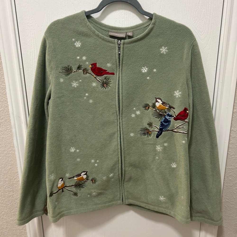 Croft & Barrow Green Bird Snowflake winter Zip Sweater Size Medium